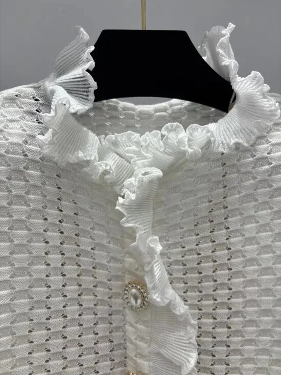 Self-Portrait White Textured Knit Ruffle Collar Mini Dress - Picture 2 of 8